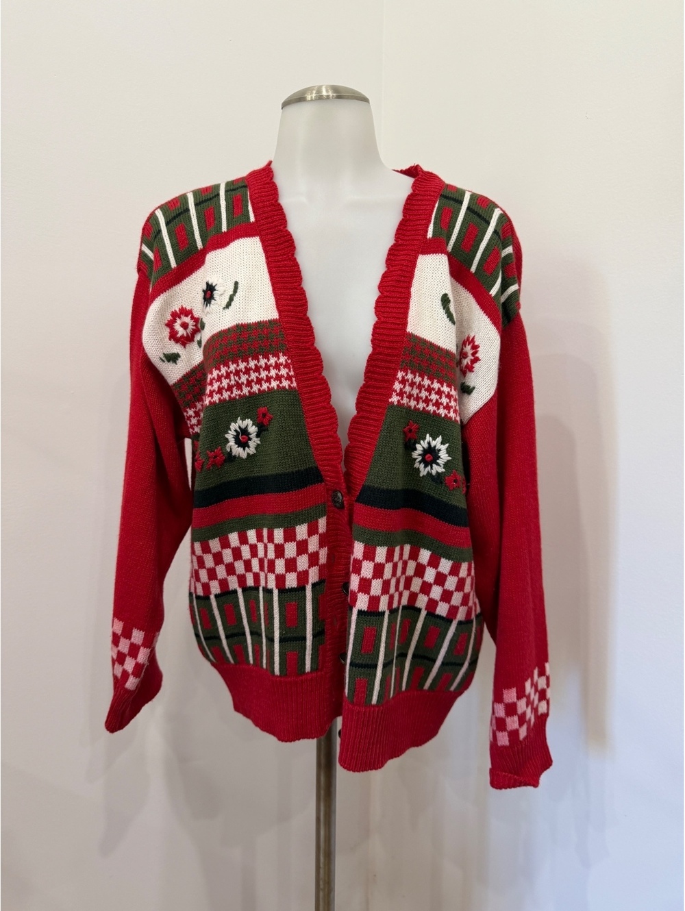 Vintage Koret Red Knit Cardigan Sweater with Floral and Geometric Patterns